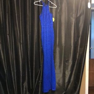 High neck blue lace dress